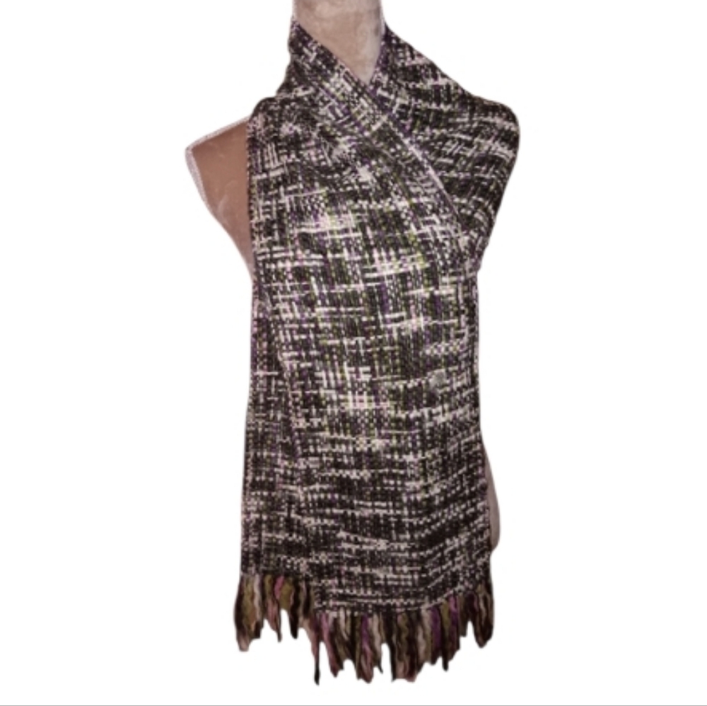 Madison 88~Multicolor Woven Knit Scarf with Tassels • Purple Green White • 60”
